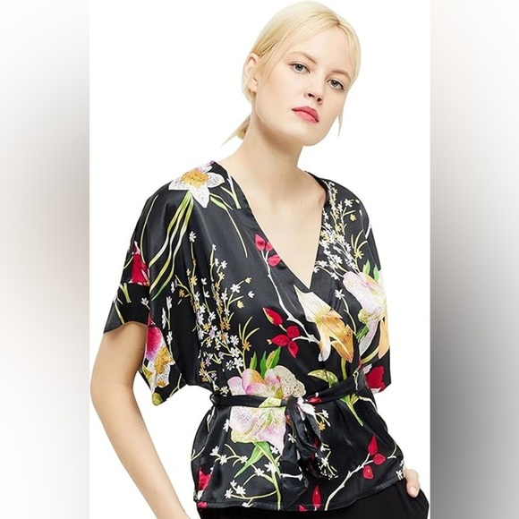 Vero Moda size large black floral wrap kimono silky top - Picture 1 of 12